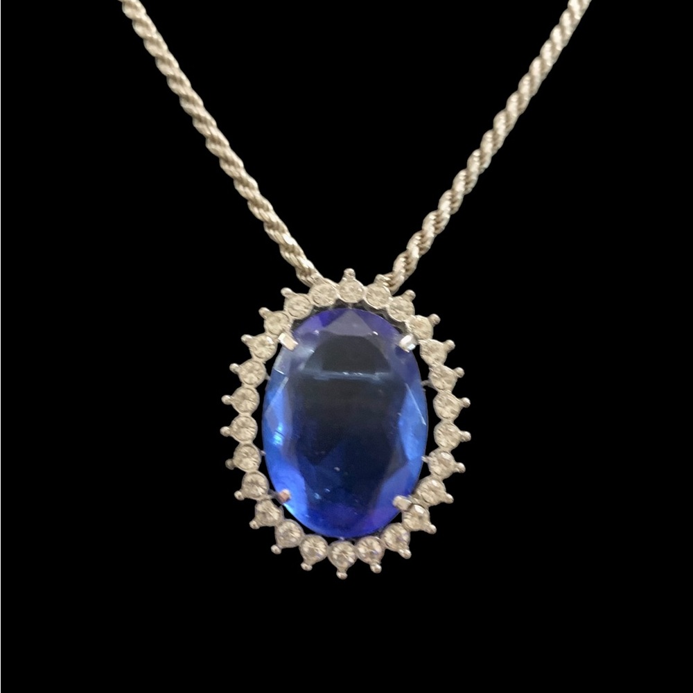 Blue Faceted Glass Pendant or Brooch Combo Silver Tone with Rhinestones